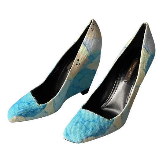 Louis Vuitton Printed Canvas Floral High Wedge Heels Pump Blue Size 4uk/ 37eu