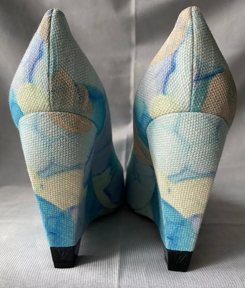 Louis Vuitton Printed Canvas Floral High Wedge Heels Pump Blue Size 4uk/ 37eu