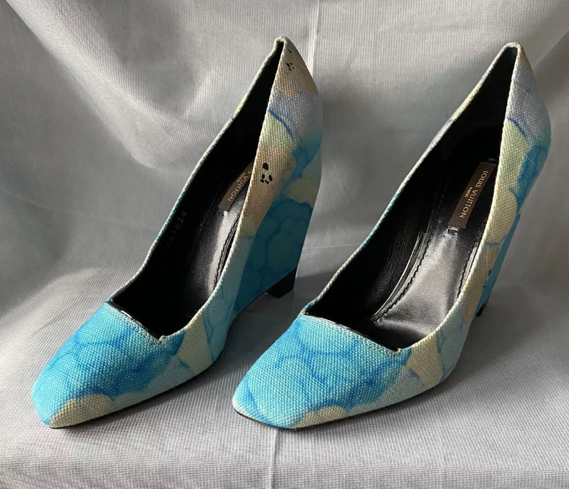 Louis Vuitton Printed Canvas Floral High Wedge Heels Pump Blue Size 4uk/ 37eu