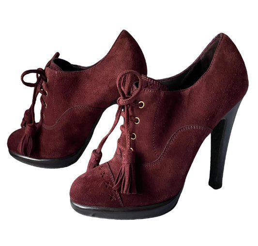 Yves Saint Laurent Ankle Boots Burgundy Red Brogue Suede Lace Up Bootie 5uk 38eu