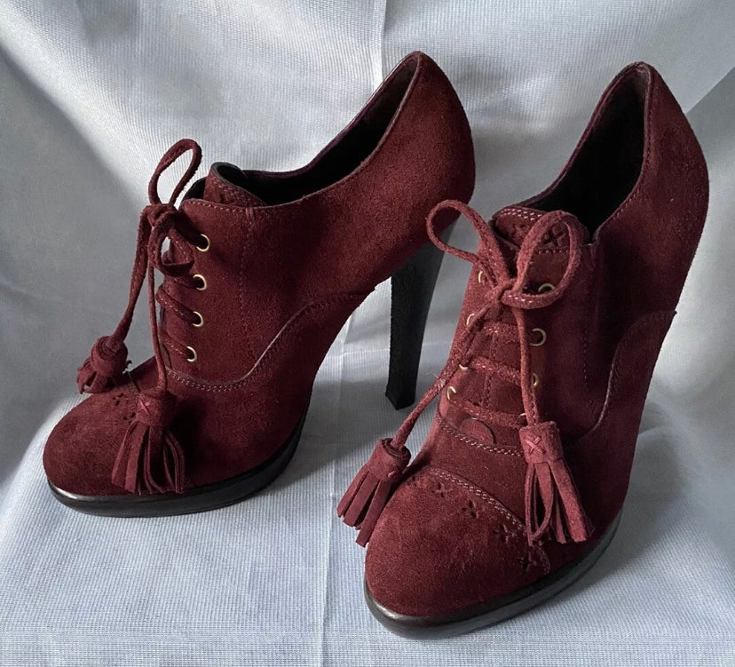 Yves Saint Laurent Ankle Boots Burgundy Red Brogue Suede Lace Up Bootie 5uk 38eu