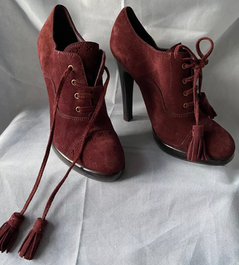 Yves Saint Laurent Ankle Boots Burgundy Red Brogue Suede Lace Up Bootie 5uk 38eu