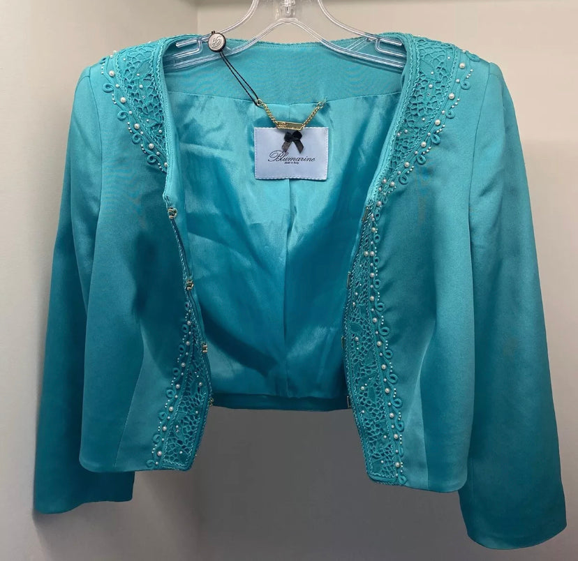 Blumarine Embroidered Silk Blazer Turquoise Swarovski Elements Crafted 42IT New