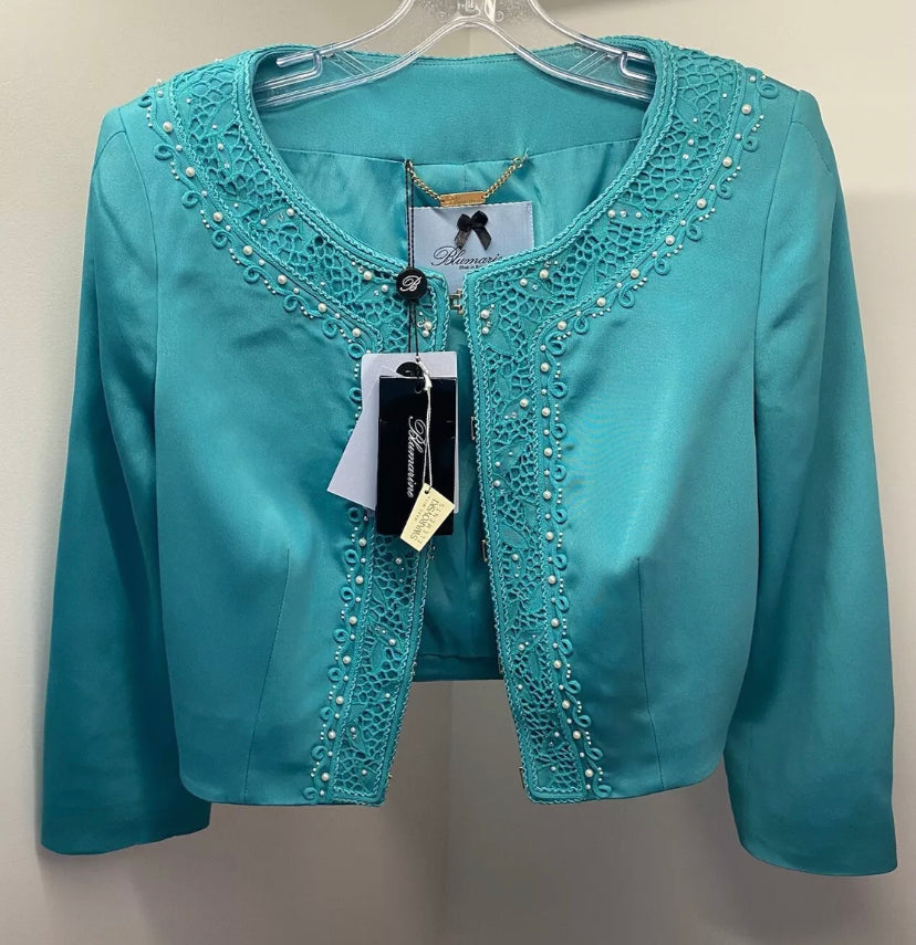 Blumarine Embroidered Silk Blazer Turquoise Swarovski Elements Crafted 42IT New