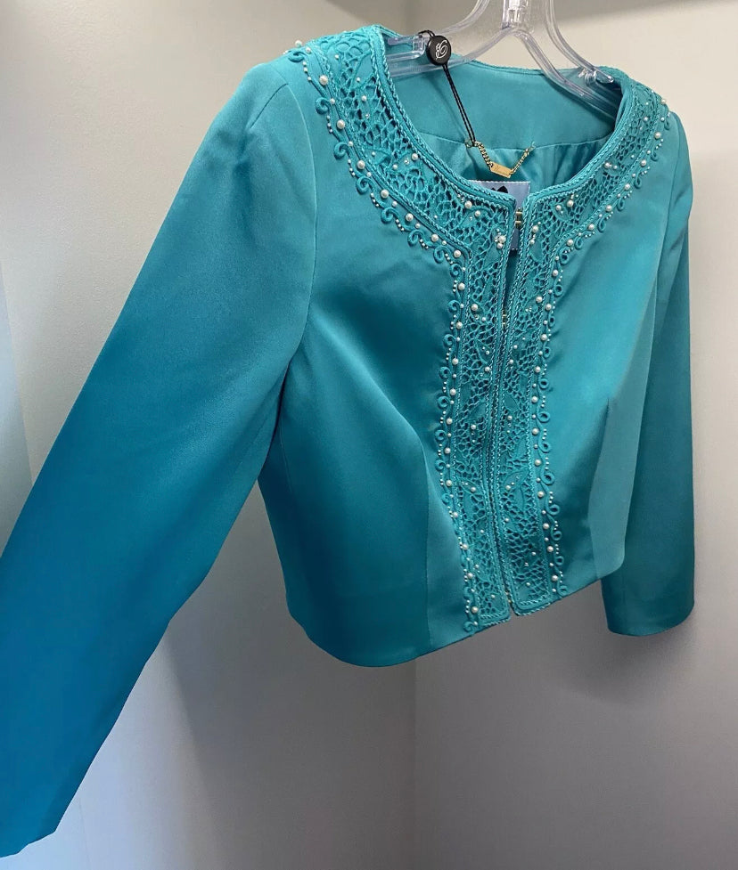 Blumarine Embroidered Silk Blazer Turquoise Swarovski Elements Crafted 42IT New