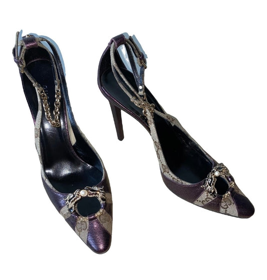 Gucci Dragon Heels 2004 Tom Ford Era Metallic Purple Leather GG Canvas Swarovski