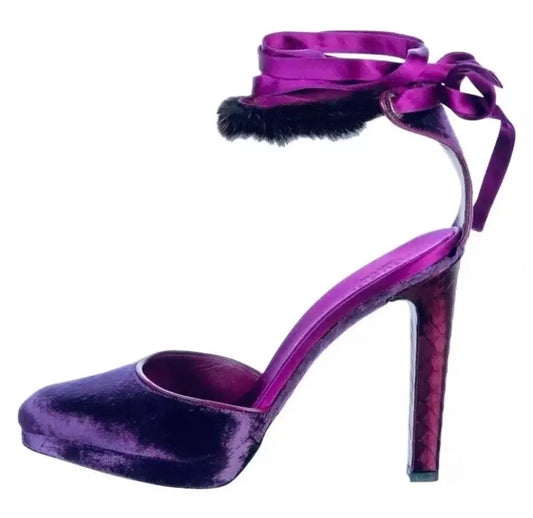 Gucci Tom Ford Era 2004 Purple Divine Mink  Velvet Ankle Wrap Python Sandals 5.5