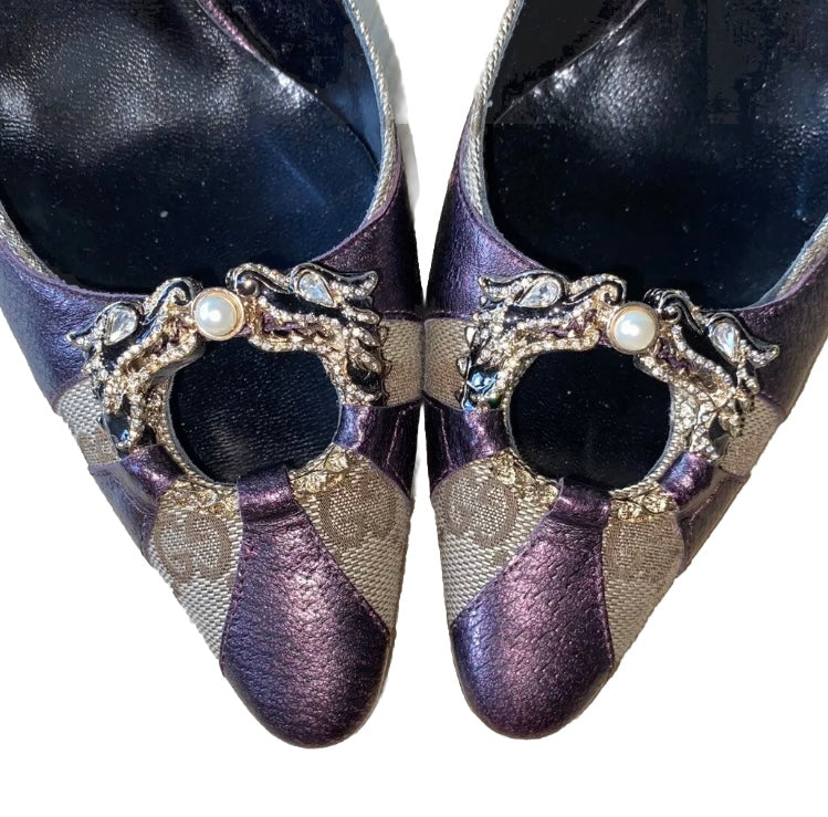 Gucci Dragon Heels 2004 Tom Ford Era Metallic Purple Leather GG Canvas Swarovski