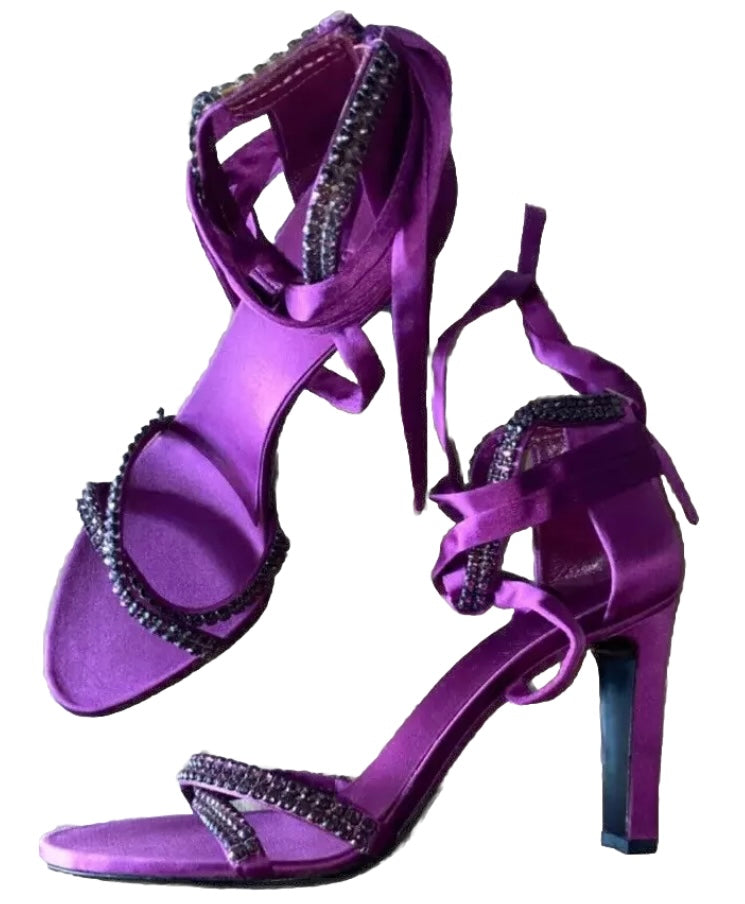 Gucci Sandals Purple Pink 2004 Tom Ford Era Crystal Ankle Wrap Lace Up Heels 4uk