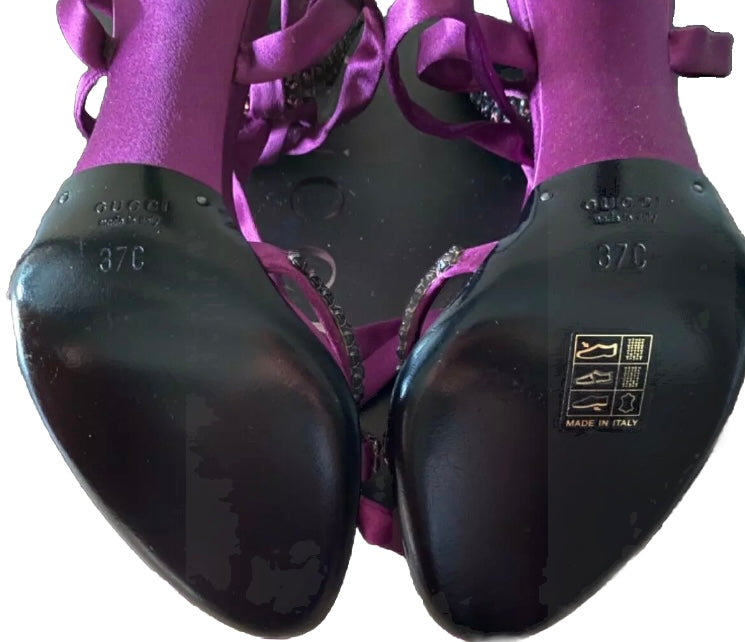 Gucci Sandals Purple Pink 2004 Tom Ford Era Crystal Ankle Wrap Lace Up Heels 4uk