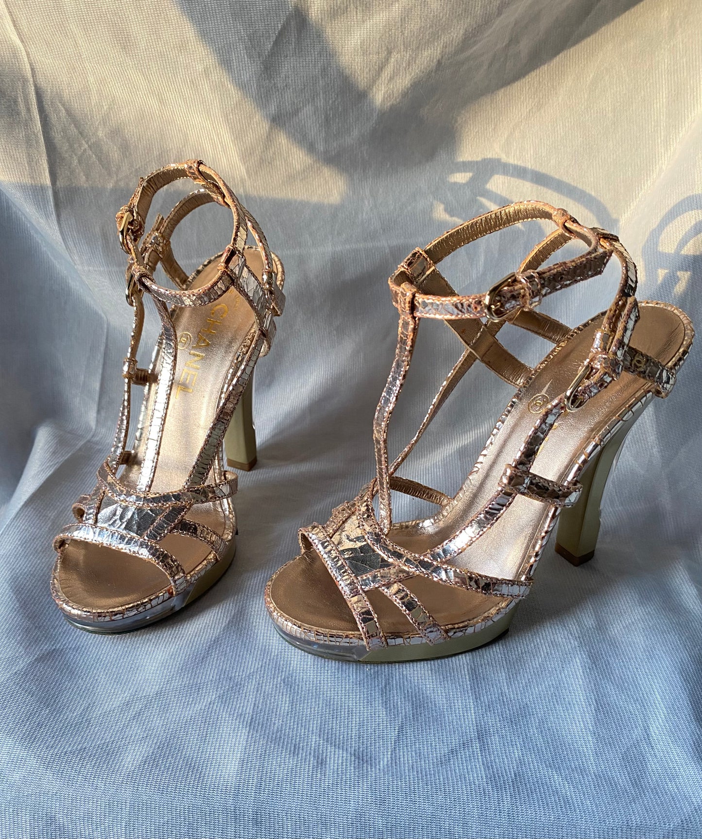 Chanel Rose Gold Sandals Cracked Leather Open Toe LED Light 36.5eu Cruise 2015