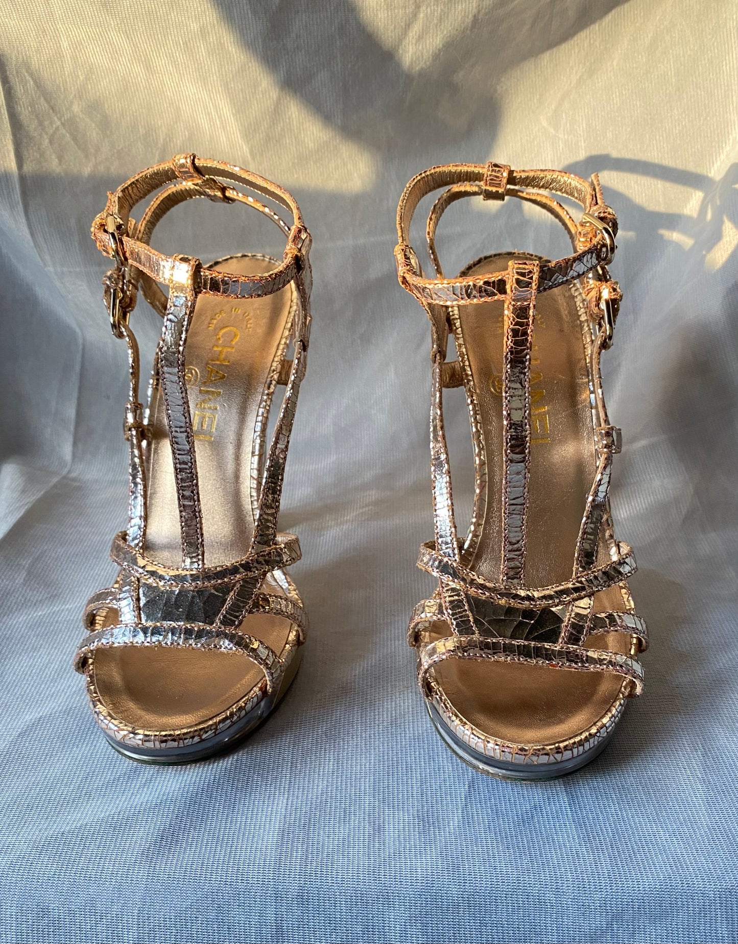 Chanel Rose Gold Sandals Cracked Leather Open Toe LED Light 36.5eu Cruise 2015