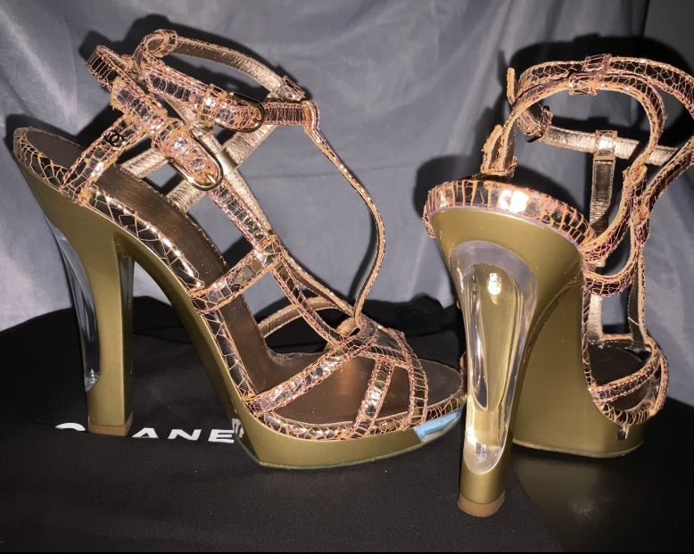 Chanel Rose Gold Sandals Cracked Leather Open Toe LED Light 36.5eu Cruise 2015