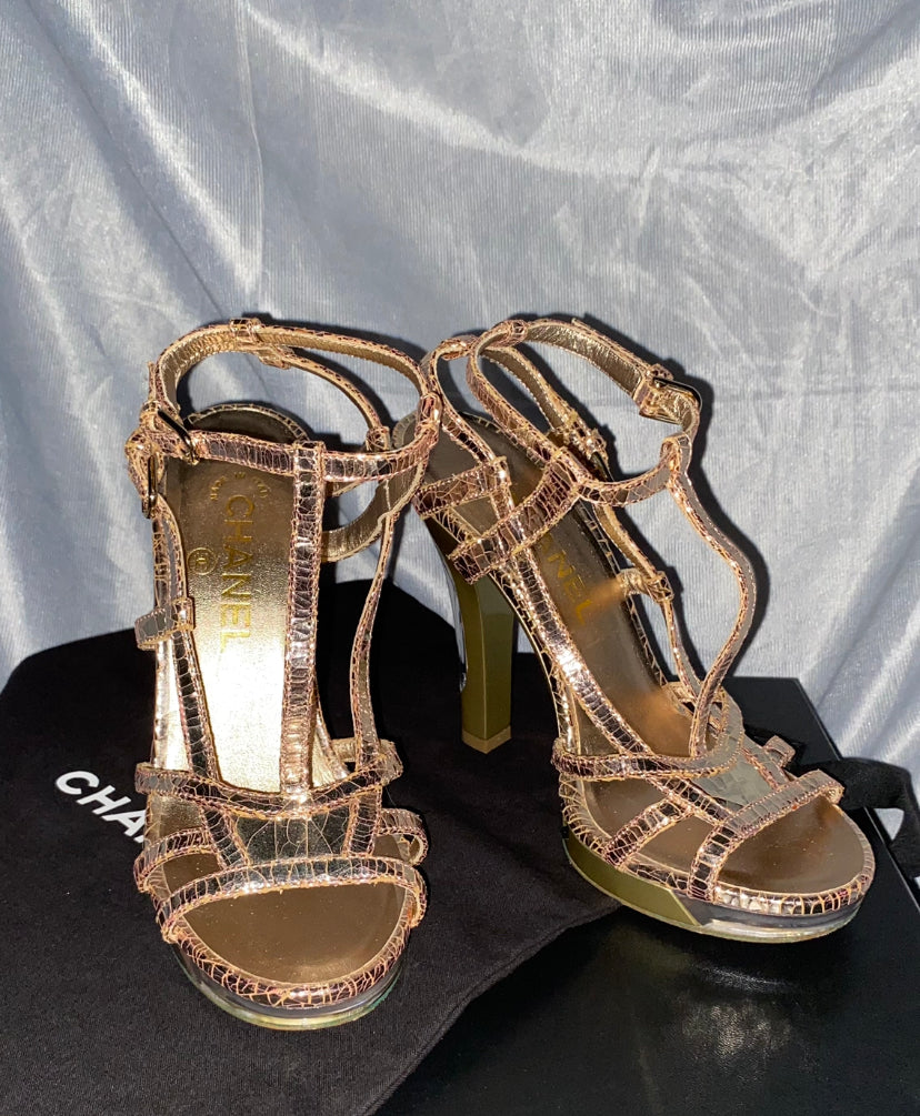 Chanel Rose Gold Sandals Cracked Leather Open Toe LED Light 36.5eu Cruise 2015