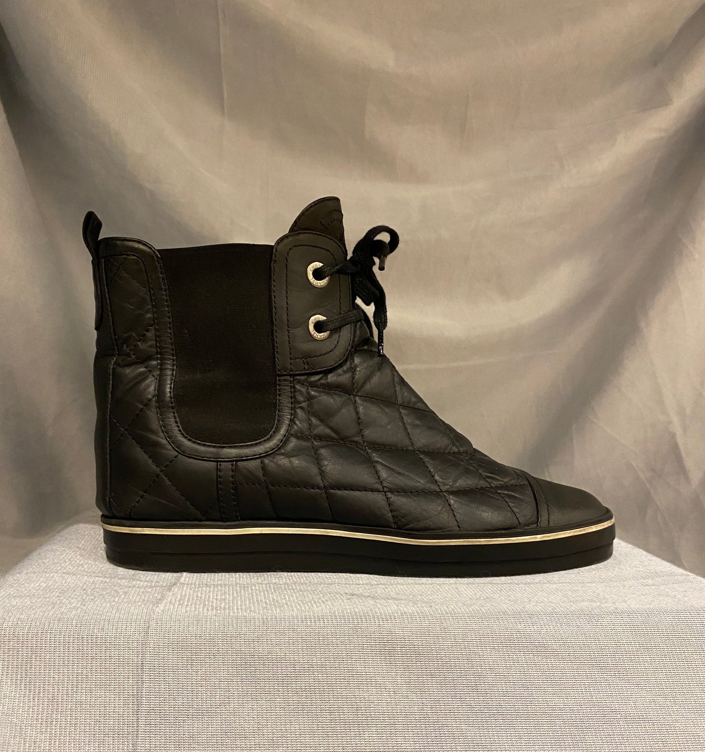 Chanel Black Leather Matelasse Flat Ankle Boots High Top Sneakers 38eu 5uk