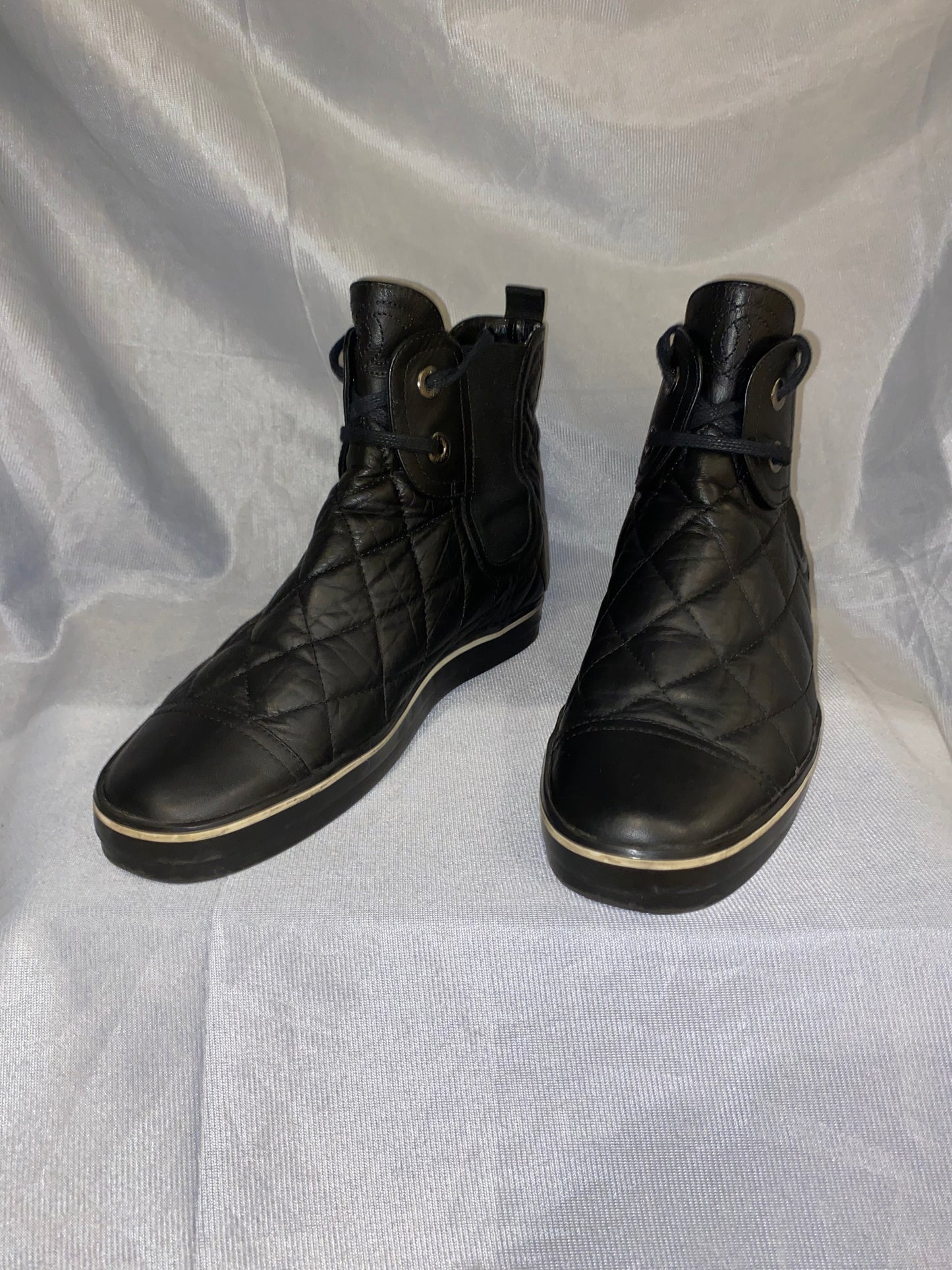 Chanel Black Leather Matelasse Flat Ankle Boots High Top Sneakers 38eu 5uk