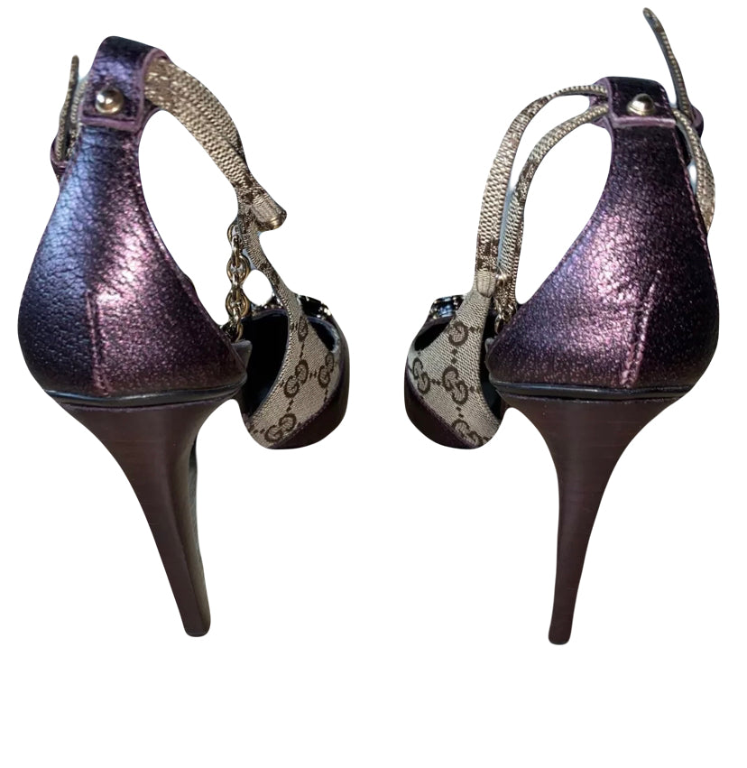 Gucci Dragon Heels 2004 Tom Ford Era Metallic Purple Leather GG Canvas Swarovski