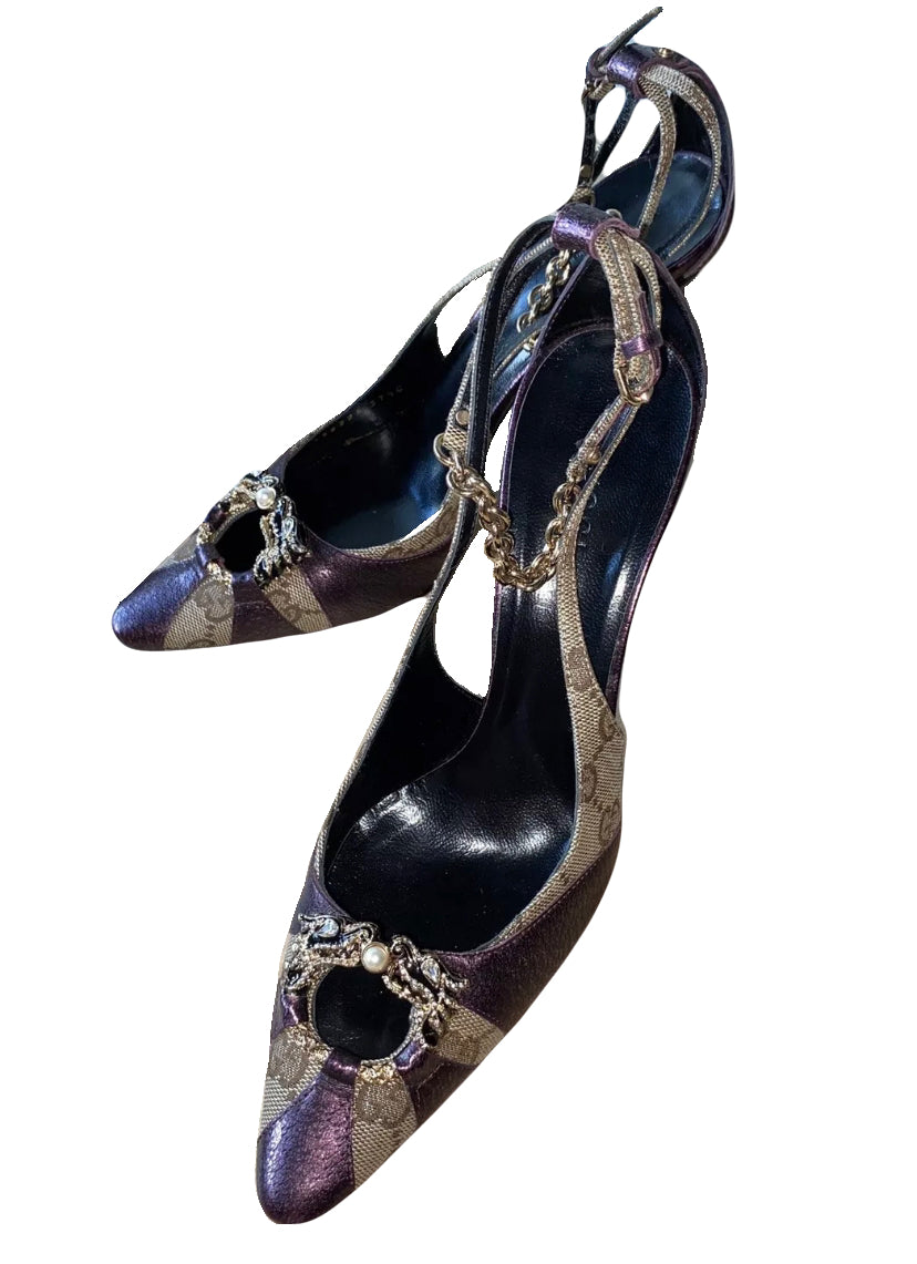 Gucci Dragon Heels 2004 Tom Ford Era Metallic Purple Leather GG Canvas Swarovski